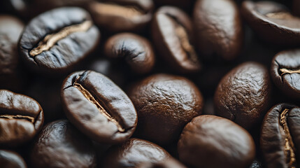 A heap of coffee beans stacked together, ready to be brewed into a delicious cup of coffee .Close-up of roasted Arabica coffee beans .Different types of delicious coffee beans 