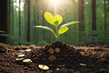 Growing sapling with coins in forest