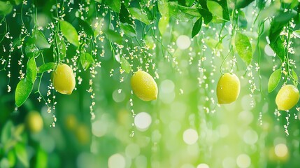 Poster - a group of lemons dangling from a tree in a field, dewed with drops of water
