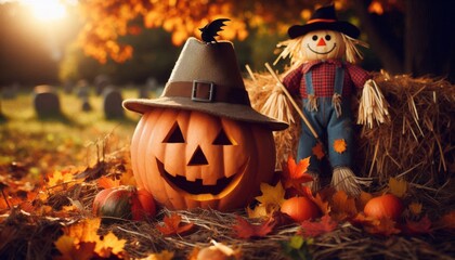 halloween pumpkin and witch. scary pumpkin in dry grass 