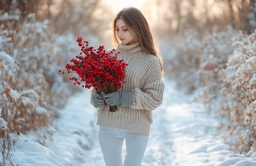 Beautiful girl in sweater holding red berries in winter