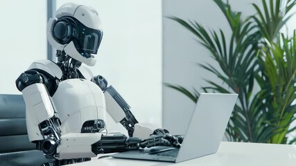 Poster - Humanoid Ai robot working on laptop in bright modern office. Future robotic and cybernetic concept. Futuristic artificial intelligence technology and neural networks,