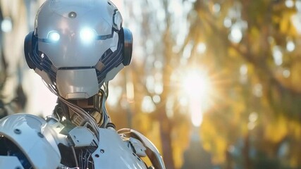 Poster - Humanoid robot in park with sunlight. Future robotic and cybernetic concept. Futuristic artificial intelligence technology and robotization