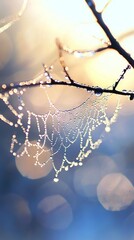 Wall Mural - a clear shot of a tree branch with dew on its foliage against a blue backdrop
