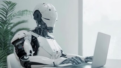 Poster - Humanoid Ai robot working on laptop in bright modern office. Future robotic and cybernetic concept. Futuristic artificial intelligence technology and neural networks,