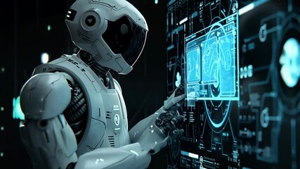 Poster - Humanoid robot interacting with digital interface on black background. Future robotic and cybernetic concept. Futuristic artificial intelligence technology, Ai