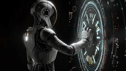 Poster - Humanoid robot interacting with digital interface on black background. Future robotic and cybernetic concept. Futuristic artificial intelligence technology, Ai