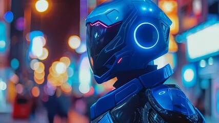 Poster - Futuristic robot in night cyberpunk city. Artificial intelligence, science and innovation, futuristic techology. Ai and machine learning concept. Sci-fi, science fiction. Guard, police, security