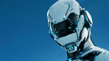 Poster - Humanoid robot with glowing elements on white background. Future robotic and cybernetic concept. Futuristic artificial intelligence technology and robotization