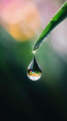 Wall Mural - a rainbow-colored droplet rests atop a green leaf