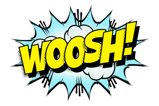 Sound effect bubble with onomatopoeia ‘Woosh!’ in retro halftone comic book style 