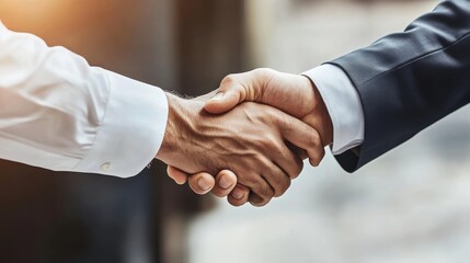 Close-up of two hands shaking, symbolizing partnership, agreement, and collaboration in a professional setting.