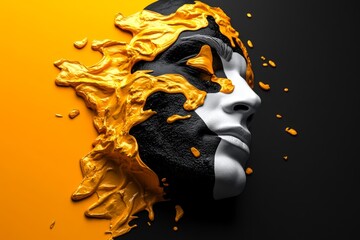 Poster - 3D digital rendering of a face, with different parts of the face shifting and morphing into abstract shapes, illustrating the fluidity of subjective identity
