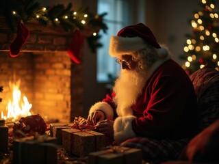 Cozy christmas eve: santa by the fireplace wrapping gifts for a magical holiday