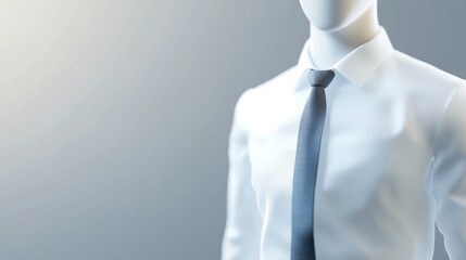 Elegant mannequin wearing a crisp white shirt and a stylish tie, showcasing modern fashion and tailoring for a sleek appearance.