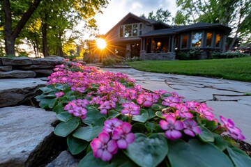 Poster - Bergenia plants along a garden path, their large heart-shaped leaves and clusters of pink flowers catching the morning light