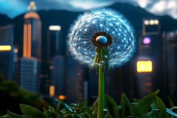 Aufkleber - Dandelion seeds drifting through a futuristic cyberpunk city, illuminated by neon lights and glowing data streams