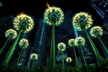 Aufkleber - Dandelion seeds drifting through a futuristic cyberpunk city, illuminated by neon lights and glowing data streams
