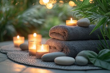 Relaxing spa setup with towels, stones, and candles amidst a serene garden at dusk