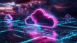 © Burak - Neon light cloud computing futuristic technology. A glowing cloud symbol formed of data in a network of digital lines. A futuristic data center with neon lights and cloud computing network concepts.