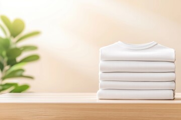 Stack of blank white t-shirts displayed on a shop counter, inviting customers to choose and personalize their style