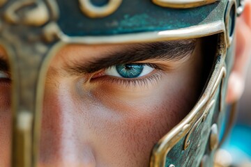 Poster - Hyper-realistic Spartan warrior's face, with every detail of his bronze helmet and piercing eyes captured in stunning clarity