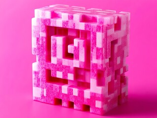 Wall Mural - A pink and white pixelated cube on a pink background