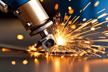 Aufkleber - Laser cutting machine working on sheet metal, with precise, clean lines being cut out under bright industrial lighting