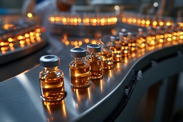 Poster - Medical lab with rows of vaccine vials and scientists in protective gear working behind the scenes