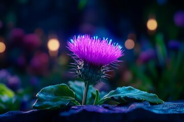 Milk thistle plant growing in a futuristic greenhouse, its spiny leaves and purple flower glowing in the artificial light