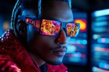 Poster - Person wearing futuristic goggles, with multiple screens projecting different realities in front of their eyes, representing subjective experience in a digital world