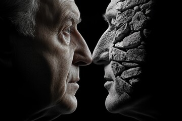 Aufkleber - Personâ€™s face half in light and half in shadow, with intricate details of emotion on each side, representing the subjective nature of perception