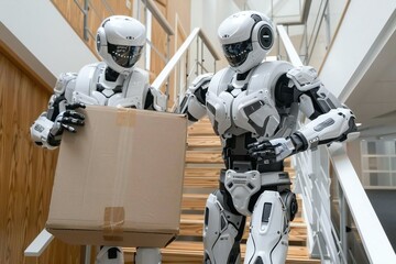 Two humanoid robots in uniform standing with box on staircase.