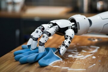 Humanoid Robot Hands In Blue Glove Cleaning Wooden Kitchen Worktop