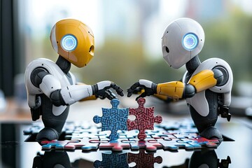 Close-up of two humanoid robots connecting jigsaw puzzle pieces