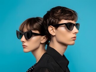 Fashion couple young models in stylish sunglasses on a minimalistic wall background. Ideal advertising for accessories eyewear stores.