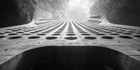 Aufkleber - A Concrete Structure with Circular Cutouts Against a Cloudy Sky