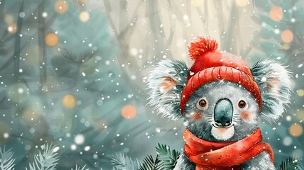 Wall Mural - watercolor Cartoon koala on Christmas background, greeting card 