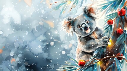 Wall Mural - watercolor Cartoon koala on Christmas background, greeting card 