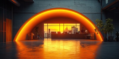 Poster - Sunset Cityscape Through an Orange Archway in a Modern Industrial Space
