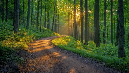 Poster - Sunbeams Illuminating a Winding Forest Path