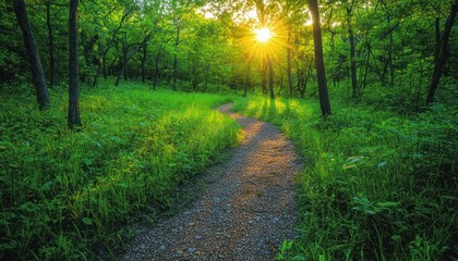Poster - A Sunlit Path Winding Through a Lush Green Forest