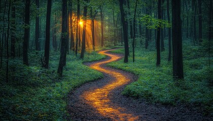 Poster - Sunlit Path Winding Through a Dense Forest