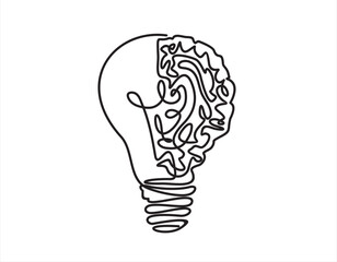 Aufkleber - Single continuous line drawing of half light bulb and half human brain logo label. Smart power and psychological company icon label concept. Trendy one line draw graphic design vector illustration