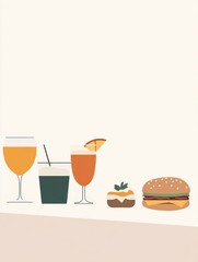 Poster - A variety of colorful drinks and a tasty burger are arranged neatly, creating an inviting atmosphere for casual dining enjoyment. Generative AI