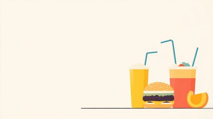 Poster - A casual dining setup featuring colorful drinks and a burger on a minimalist background, perfect for enjoying a quick meal. Generative AI