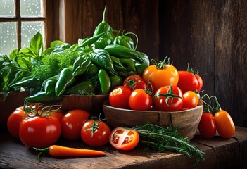 Wall Mural - vibrant close fresh ingredients showcased rustic wooden table highlighting juicy vegetables colorful herbs, bounty, crops, culinary, decor, delicious