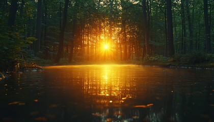 Poster - Golden Sunset Through a Forest Reflecting on a Tranquil Pond