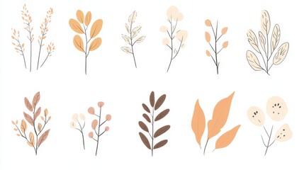 Poster - A collection of minimalist doodles featuring various leaves and flowers that evoke a sense of calmness with their gentle design. Generative AI