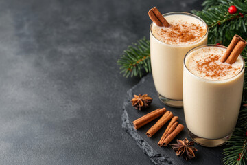 Two glasses of eggnog topped with cinnamon sticks and star anise. Evergreen sprigs in the background